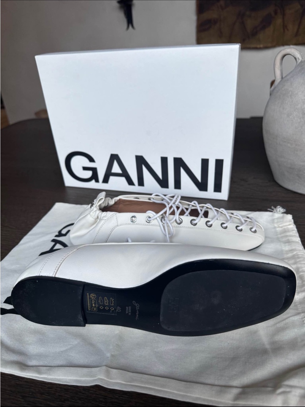 Ganni White Lace-Up Ballet-Inspired Flats - Picture 4 of 7